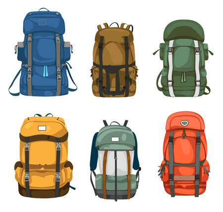 Set of different backpacks. Vector illustration isolated on white background.のイラスト素材