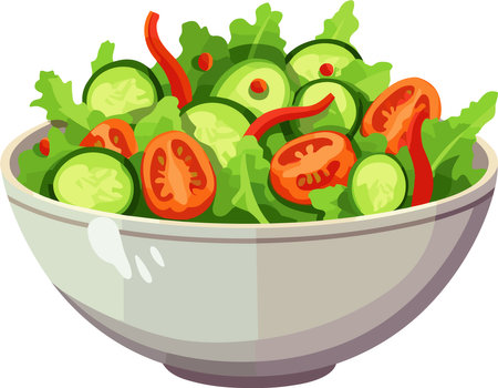 Illustration of a Bowl of Green Salad with Cucumber and Tomatoのイラスト素材