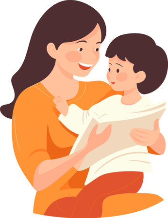 Illustration of a mother reading a book with her son on a white backgroundのイラスト素材