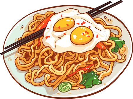 Illustration of a Chinese Noodle with Fried Egg and Vegetablesのイラスト素材