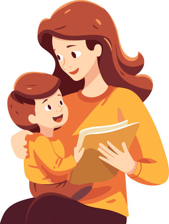 Mother reading a book with her son. Vector illustration in cartoon style.のイラスト素材