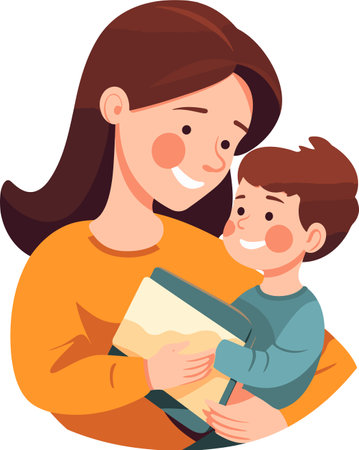 Illustration of a mother and her son holding a book in their handsのイラスト素材