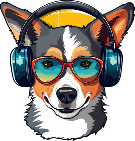 Portrait of a dog with headphones and glasses. Vector illustration.のイラスト素材