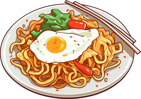 Illustration of a Bowl of Chinese Noodles with Fried Eggのイラスト素材