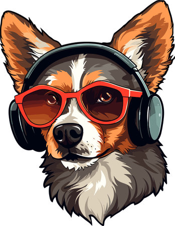 Corgi dog listening to music with headphones. Vector illustration.のイラスト素材