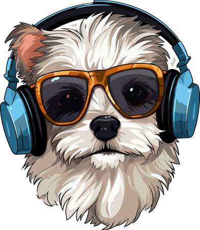 Yorkshire Terrier with headphones listening to music. Vector illustration.のイラスト素材