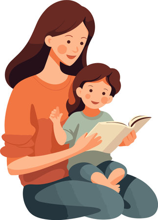 Illustration of a Mother Reading a Book with Her Son on a White Backgroundのイラスト素材