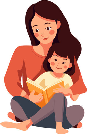 Mother and daughter reading a book. Vector illustration in cartoon style.のイラスト素材