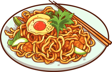 Illustration of Noodle with Fried Egg and Vegetables on a Plateのイラスト素材
