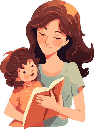 Mother reading a book with her daughter. Vector illustration in cartoon style.のイラスト素材