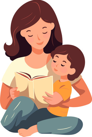 Illustration of a mother reading a book with her baby on a white backgroundのイラスト素材