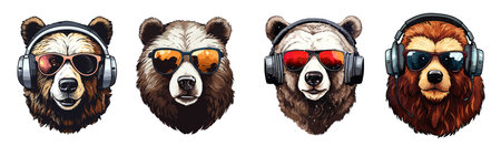 Heads of bears in headphones. Vector illustration isolated on white background.のイラスト素材