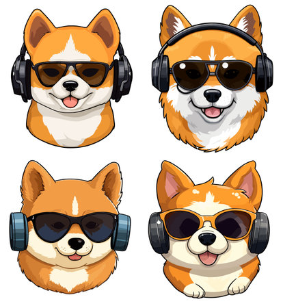 Set of cute corgi dogs with headphones and sunglasses. Vector illustration.のイラスト素材