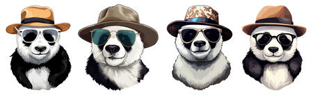 Set of different panda heads in hats and sunglasses. Vector illustration.のイラスト素材