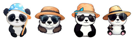 Set of cute pandas in hats and sunglasses. Vector illustration.のイラスト素材