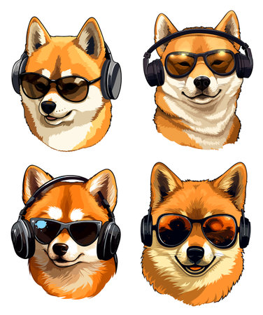 Shiba inu dogs with headphones and sunglasses. Vector illustration.のイラスト素材
