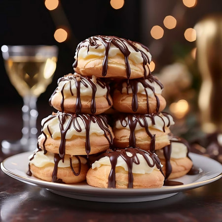 Eclairs with whipped cream and chocolate sauce on a plate.の素材