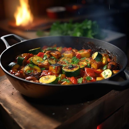 Ratatouille in a cast-iron frying pan on a wooden tableの素材