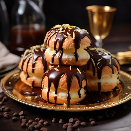 Eclairs with chocolate glaze and coffee beans on wooden backgroundの素材