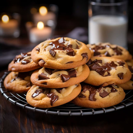 Chocolate chip cookies with chocolate glaze and a glass of milkの素材