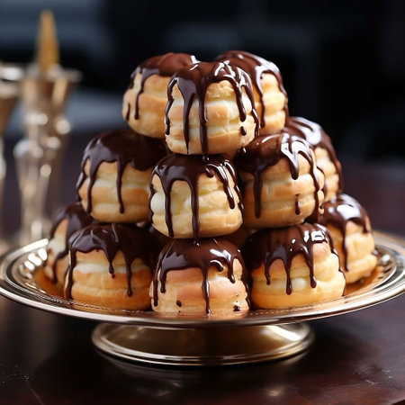 Chocolate eclairs with chocolate sauce on a silver platterの素材