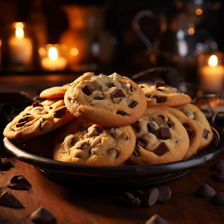 Chocolate chip cookies on a plate on a wooden background. Selective focus.の素材