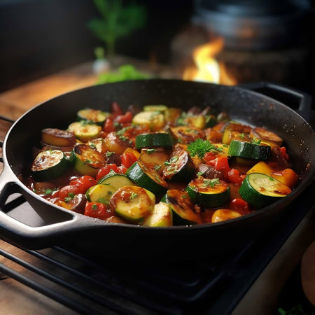 Zucchini, eggplant, tomato and bell pepper in a panの素材
