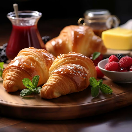 Freshly baked croissants with berries and jam on wooden tableの素材