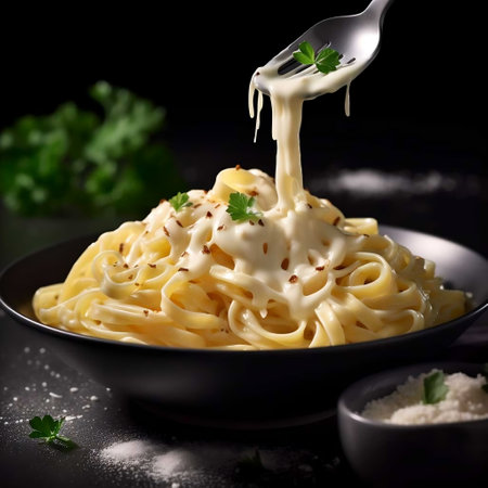 Spaghetti carbonara with cream sauce and parsley on black backgroundの素材