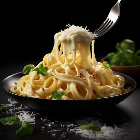Spaghetti carbonara with parmesan cheese and basil on black backgroundの素材