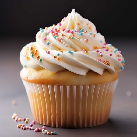 Cupcake with butter cream and colorful sprinkles on dark backgroundの素材