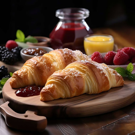 Croissants with berries and jam on wooden table, closeupの素材