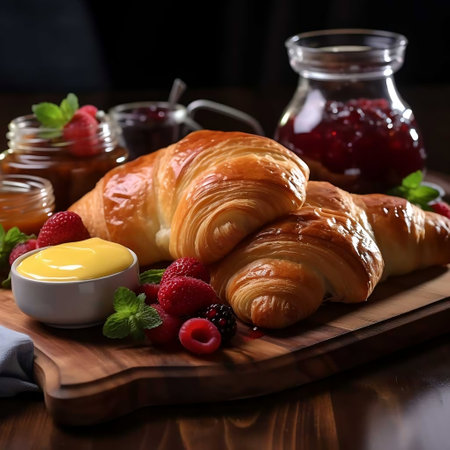 Croissants with berries, jam and butter on a wooden boardの素材