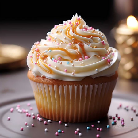 Cupcake with butter cream and colorful sprinkles on dark backgroundの素材