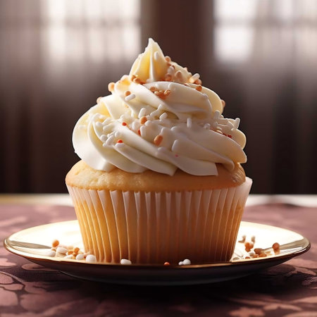 cupcake with whipped cream and caramel on top, shallow dofの素材