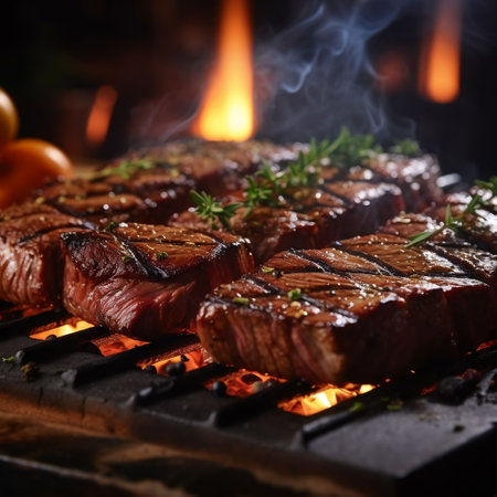 Grilled beef steaks on barbecue grill with flames, closeupの素材