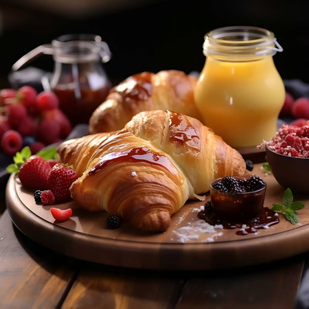 Croissant with berry jam and orange juice on wooden tableの素材