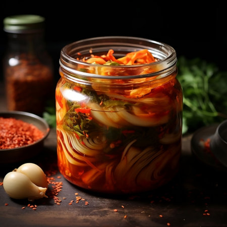 Pickled vegetables in a glass jar on a dark wooden background.の素材