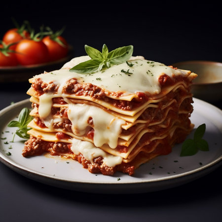 Lasagna with bolognese sauce on a black background.の素材
