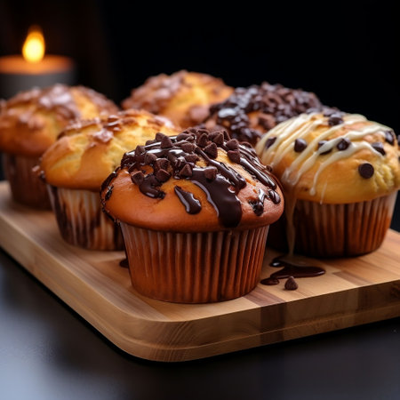 Delicious muffins with chocolate and nuts on a black background.の素材
