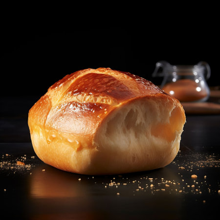 Freshly baked loaf of bread with butter on a black background.の素材