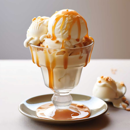 Vanilla ice cream with caramel sauce in glass bowl on wooden tableの素材