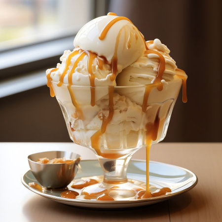 vanilla ice cream with caramel and caramel sauce in a glass bowlの素材
