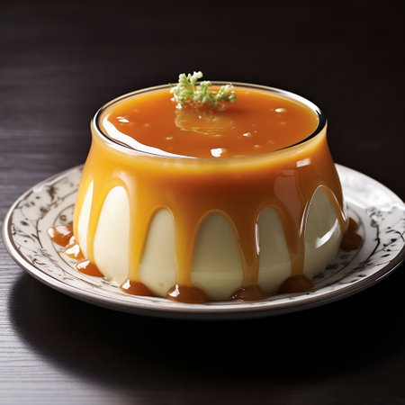 Panna cotta with caramel sauce, selective focus, square imageの素材