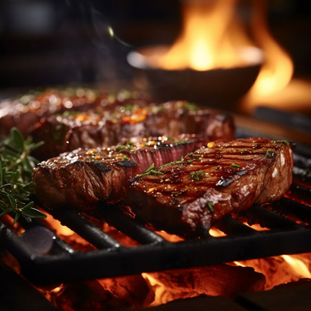 Grilled steaks on barbecue grill with flames on background, closeupの素材