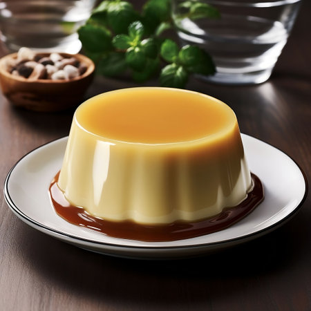 Creamy caramel pudding with mint on wooden table, closeupの素材