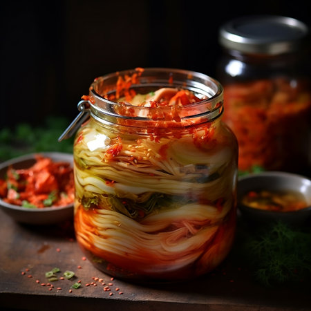 Homemade fermented cabbage in a glass jar on a dark background.の素材