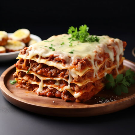 Baked lasagna with minced meat and cheese on a wooden plateの素材