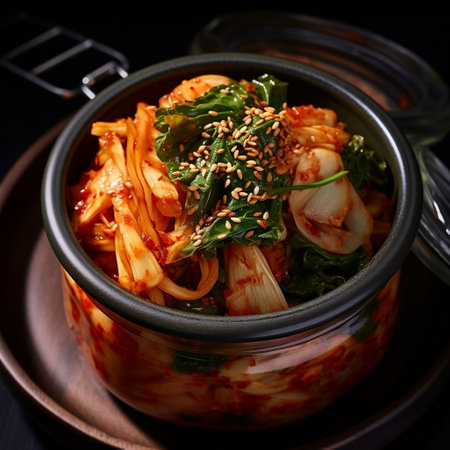 Korean spicy kimchi noodles in a pot on a black backgroundの素材