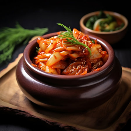 Kimchi cabbage in a pot on a dark background, korean foodの素材